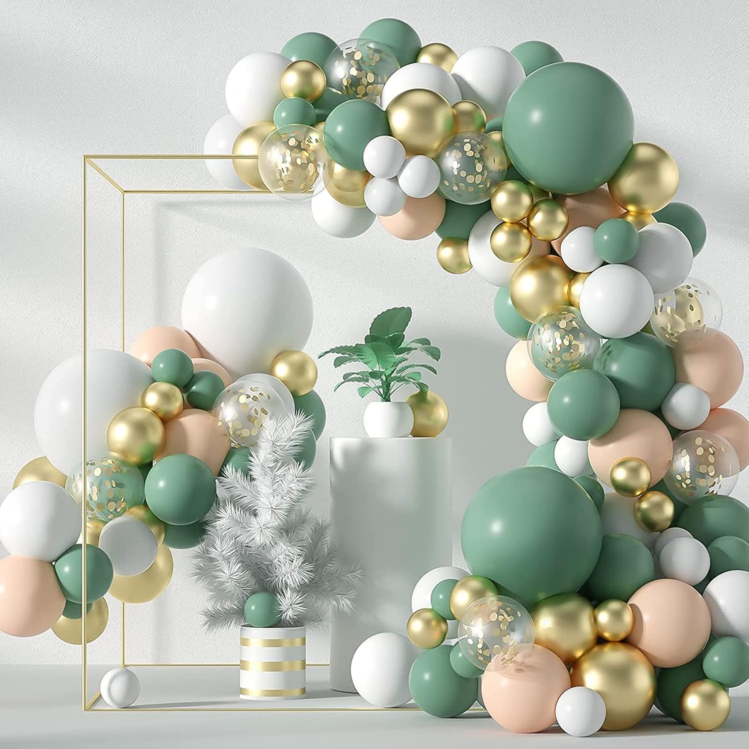 117PCS Olive Green Balloon Garland Kit with White & Gold Confetti Balloons – Retro Green and Metallic Gold Chrome Latex Balloons for Wedding, Birthday Party Decorations