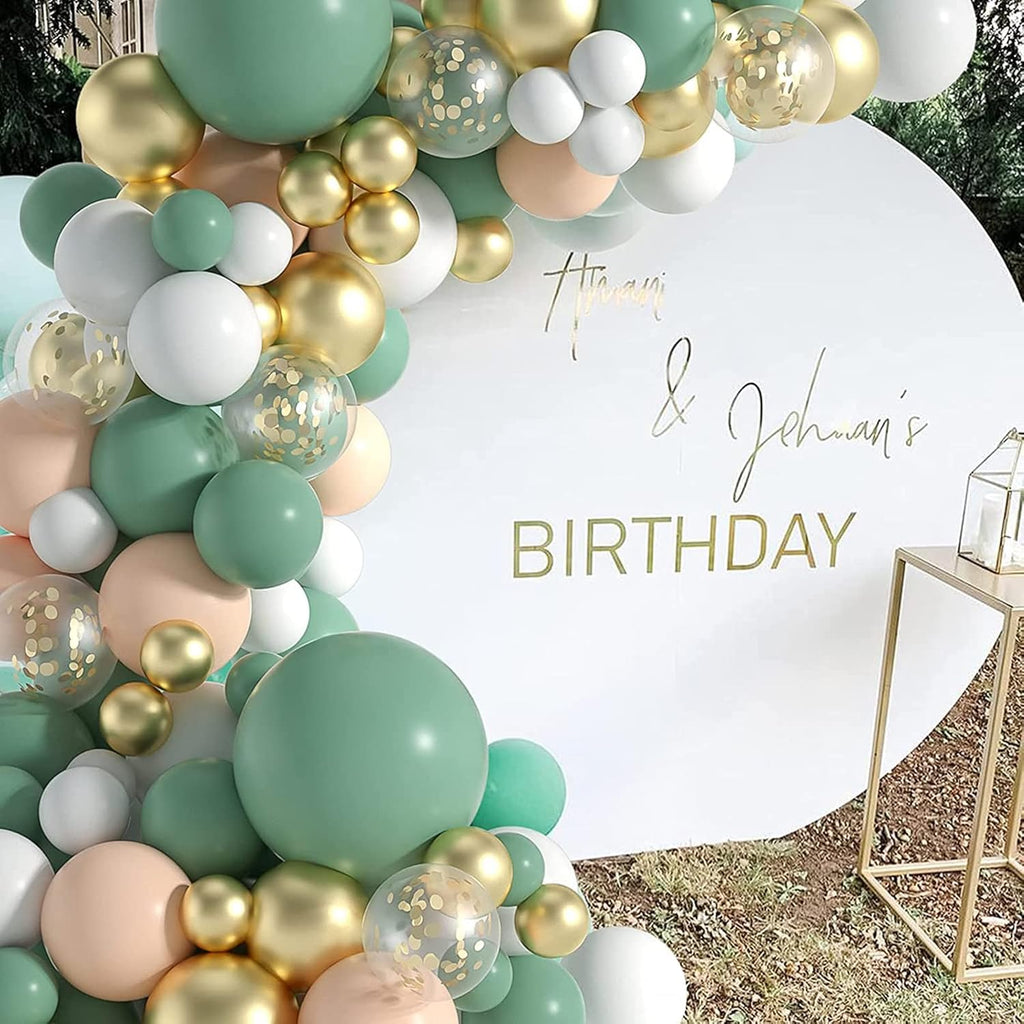 117PCS Olive Green Balloon Garland Kit with White & Gold Confetti Balloons – Retro Green and Metallic Gold Chrome Latex Balloons for Wedding, Birthday Party Decorations