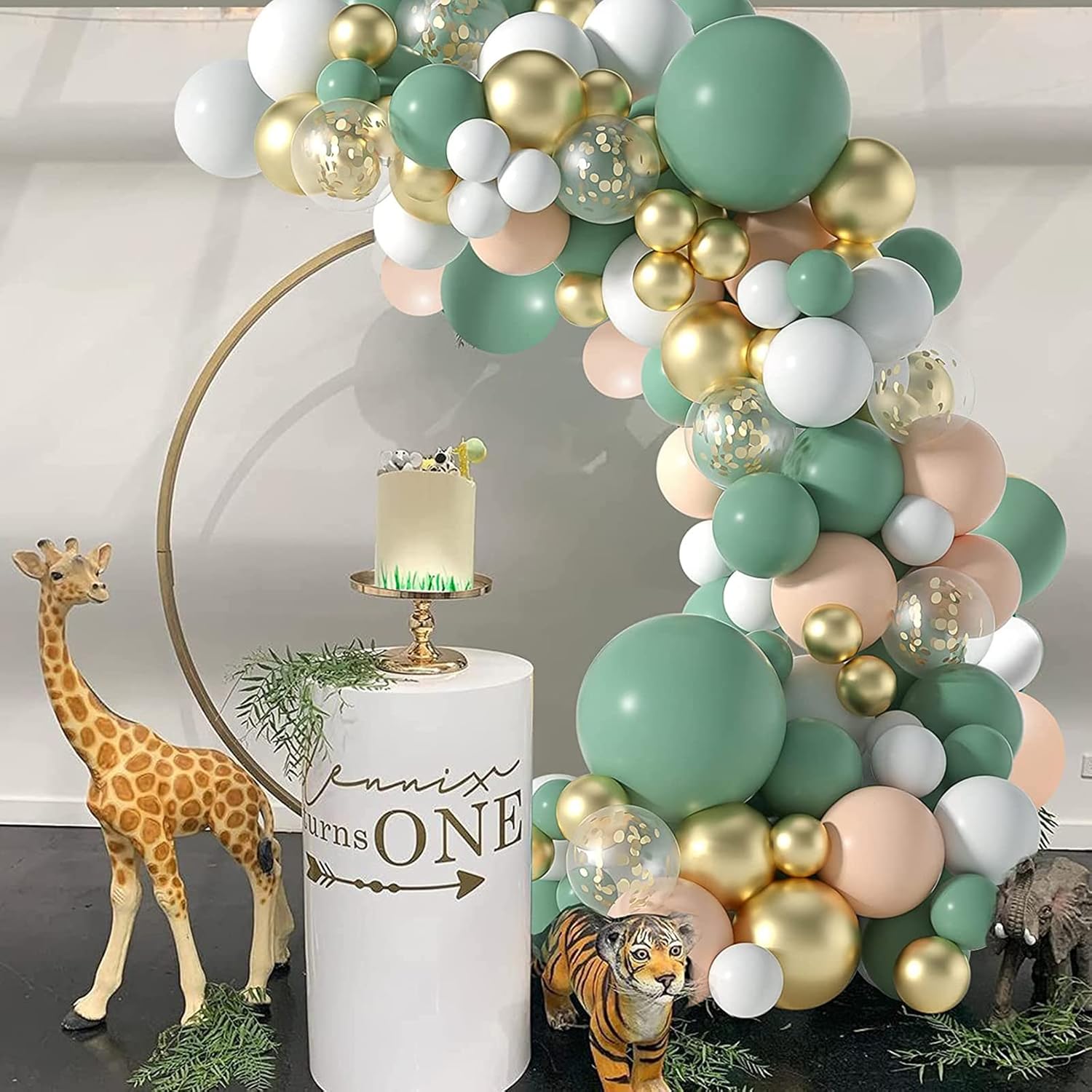 117PCS Olive Green Balloon Garland Kit with White & Gold Confetti Balloons – Retro Green and Metallic Gold Chrome Latex Balloons for Wedding, Birthday Party Decorations