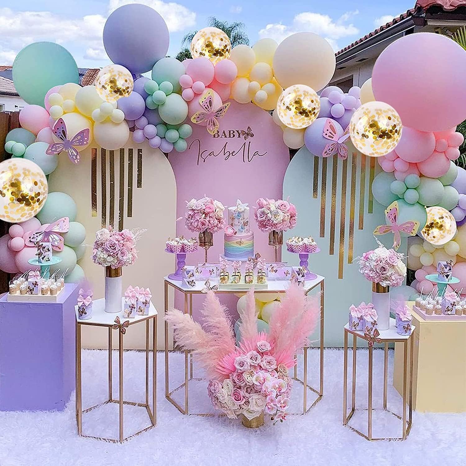 119 PCS Pastel Rainbow Macaron Balloons Candy Colored Latex Party Balloons with Gold Confetti Balloons Garland Arch Kit for Birthday Party Decorations Wedding Bride Fiesta Party