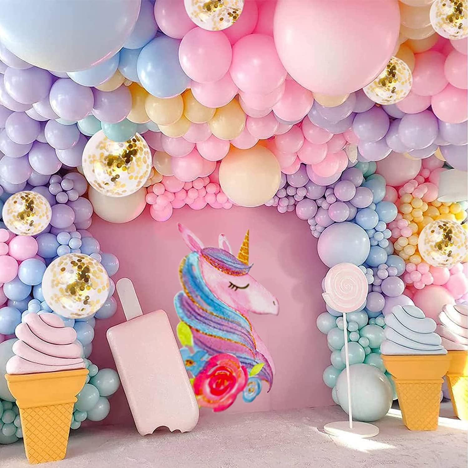 119 PCS Pastel Rainbow Macaron Balloons Candy Colored Latex Party Balloons with Gold Confetti Balloons Garland Arch Kit for Birthday Party Decorations Wedding Bride Fiesta Party