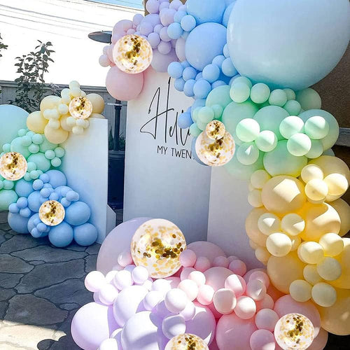119 PCS Pastel Rainbow Macaron Balloons Candy Colored Latex Party Balloons with Gold Confetti Balloons Garland Arch Kit for Birthday Party Decorations Wedding Bride Fiesta Party