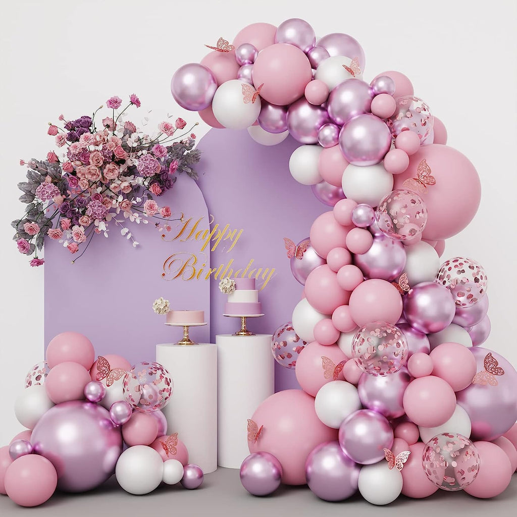 Butterflies Balloon Garland Kit, 139 Pcs Pastel Pink Metallic Pink Rose Gold Confetti Latex Balloons with 12 Pcs Butterfly Stickers for Birthday Wedding Bridal Theme Party Decoration