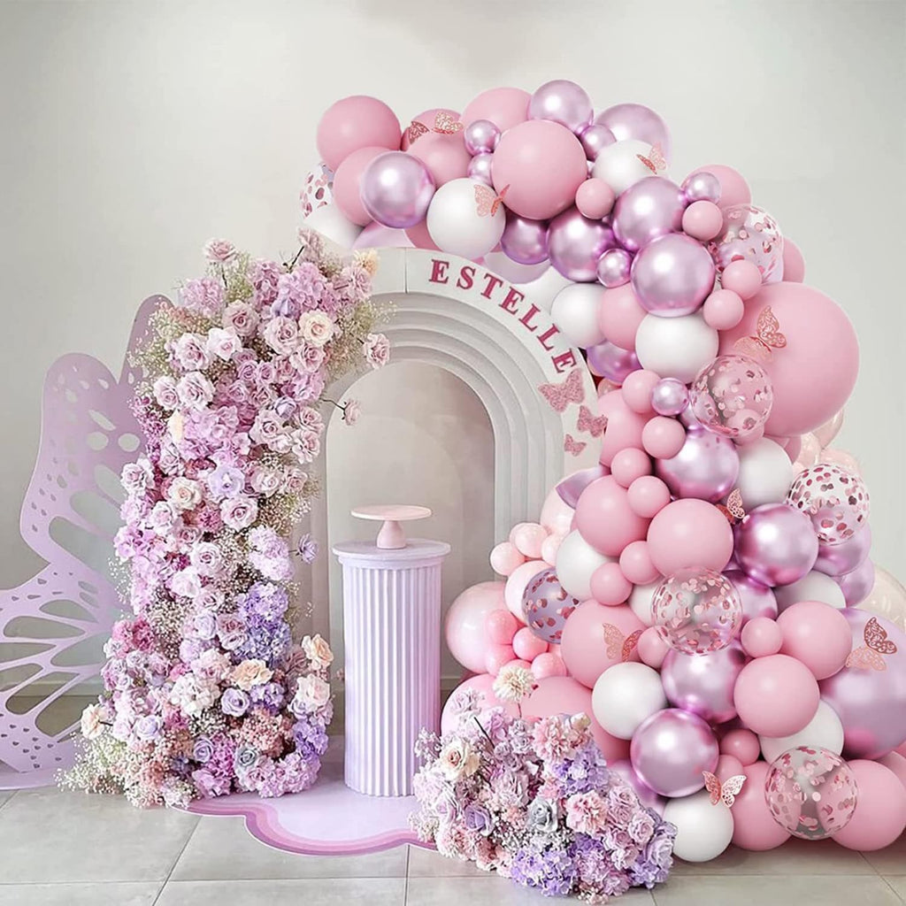 Butterflies Balloon Garland Kit, 139 Pcs Pastel Pink Metallic Pink Rose Gold Confetti Latex Balloons with 12 Pcs Butterfly Stickers for Birthday Wedding Bridal Theme Party Decoration