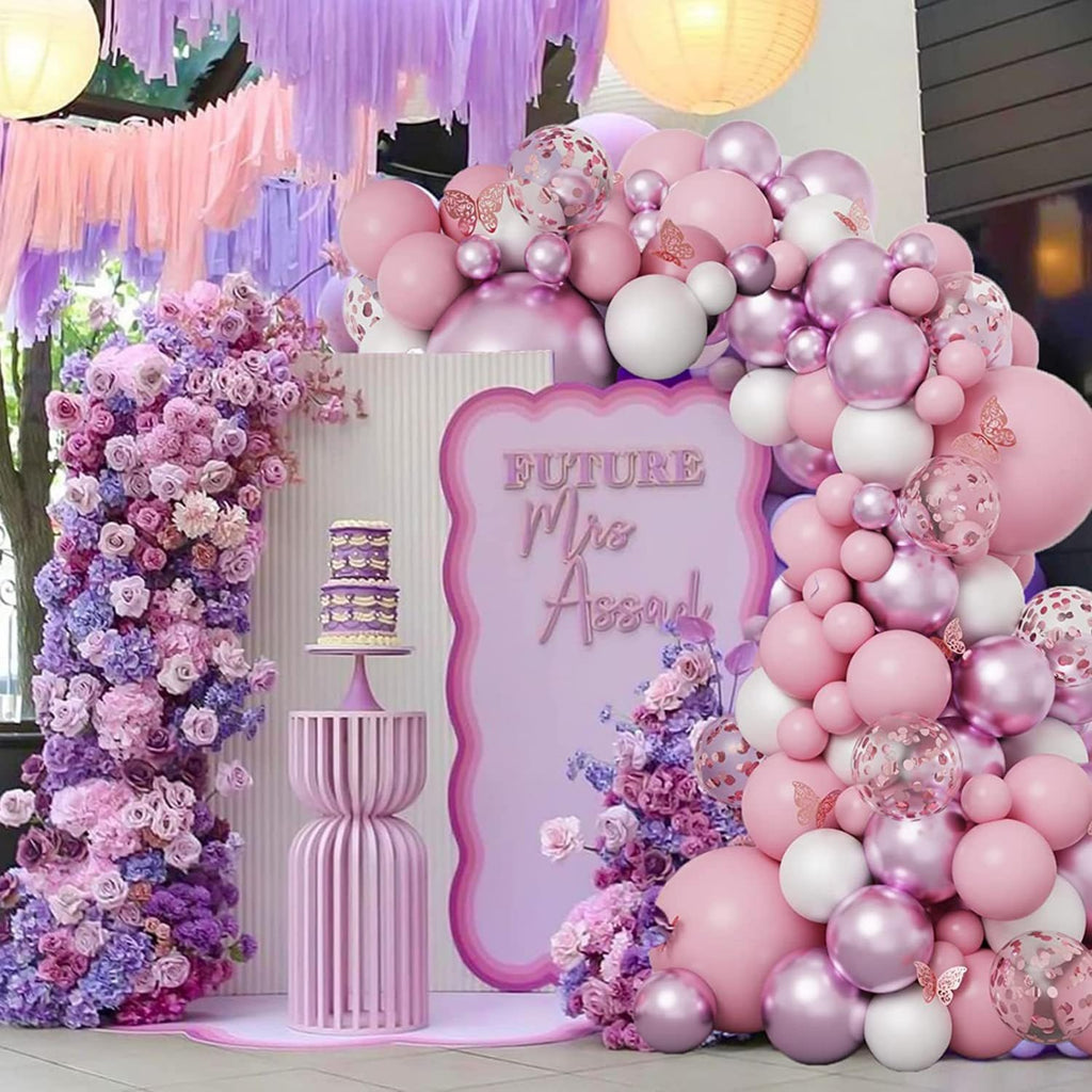 Butterflies Balloon Garland Kit, 139 Pcs Pastel Pink Metallic Pink Rose Gold Confetti Latex Balloons with 12 Pcs Butterfly Stickers for Birthday Wedding Bridal Theme Party Decoration