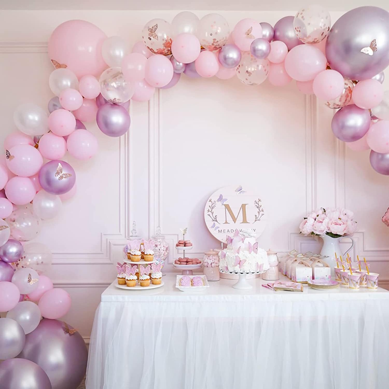 Butterflies Balloon Garland Kit, 139 Pcs Pastel Pink Metallic Pink Rose Gold Confetti Latex Balloons with 12 Pcs Butterfly Stickers for Birthday Wedding Bridal Theme Party Decoration