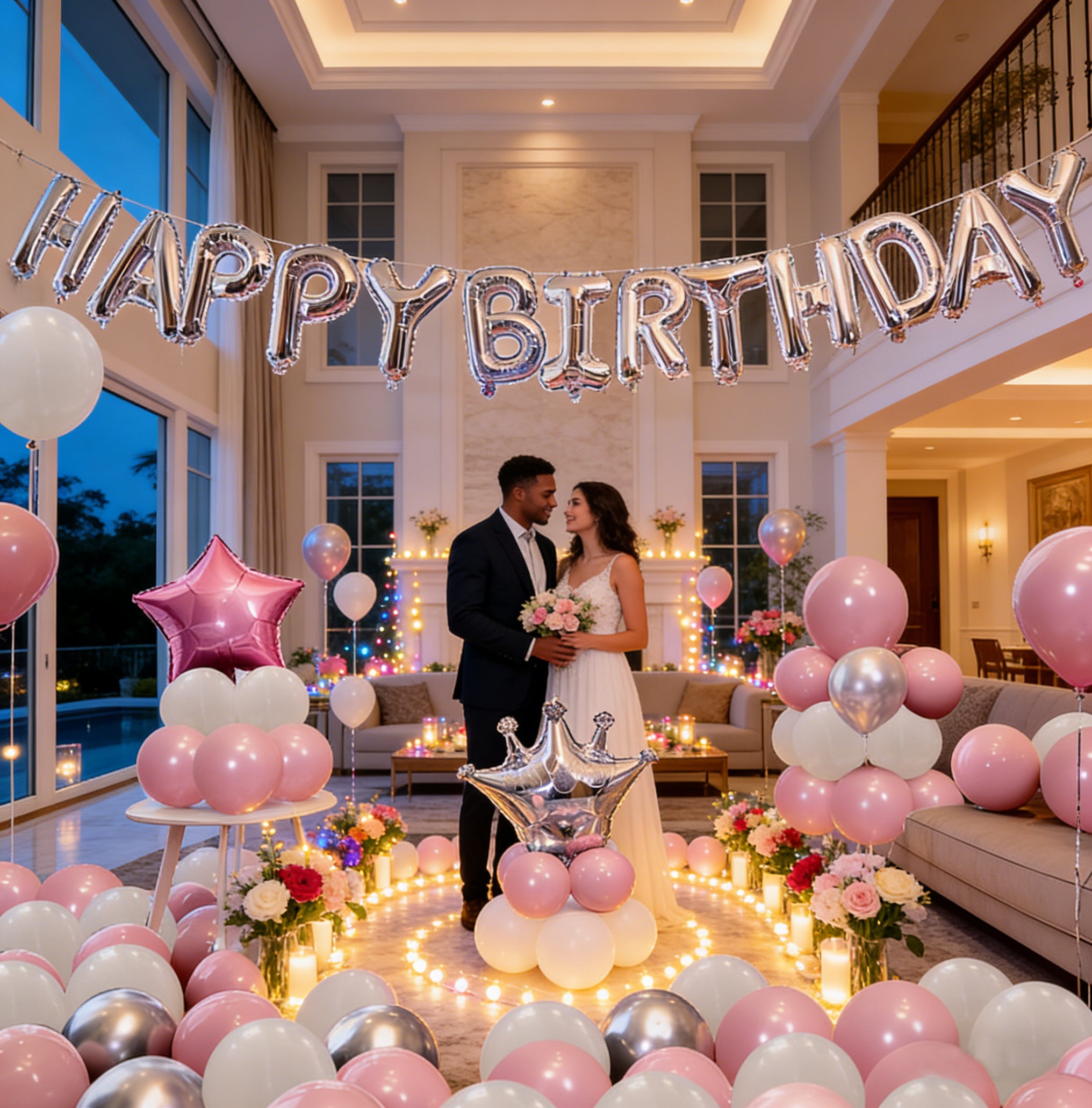 55 pieces of pink, white, silver party balloon set Crown balloons are suitable for decorating wedding princess parties, birthday party balloon scenes.