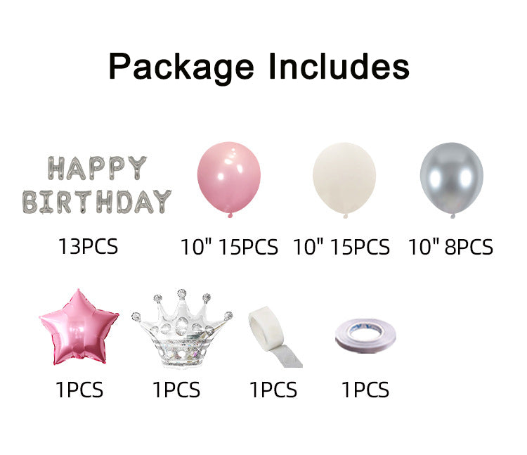 55 pieces of pink, white, silver party balloon set Crown balloons are suitable for decorating wedding princess parties, birthday party balloon scenes.