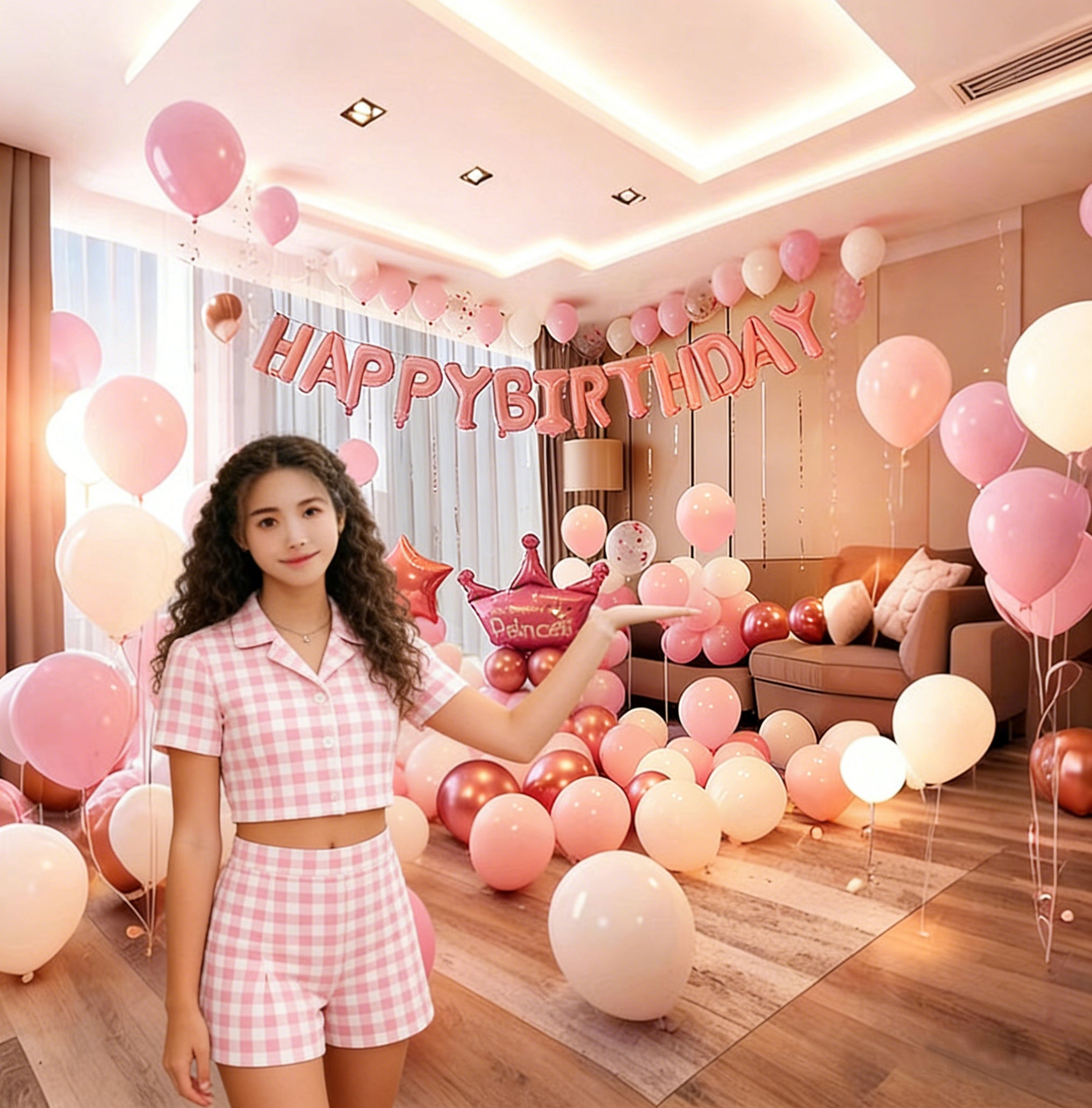 55 pieces of pink, white, silver party balloon set Crown balloons are suitable for decorating wedding princess parties, birthday party balloon scenes.