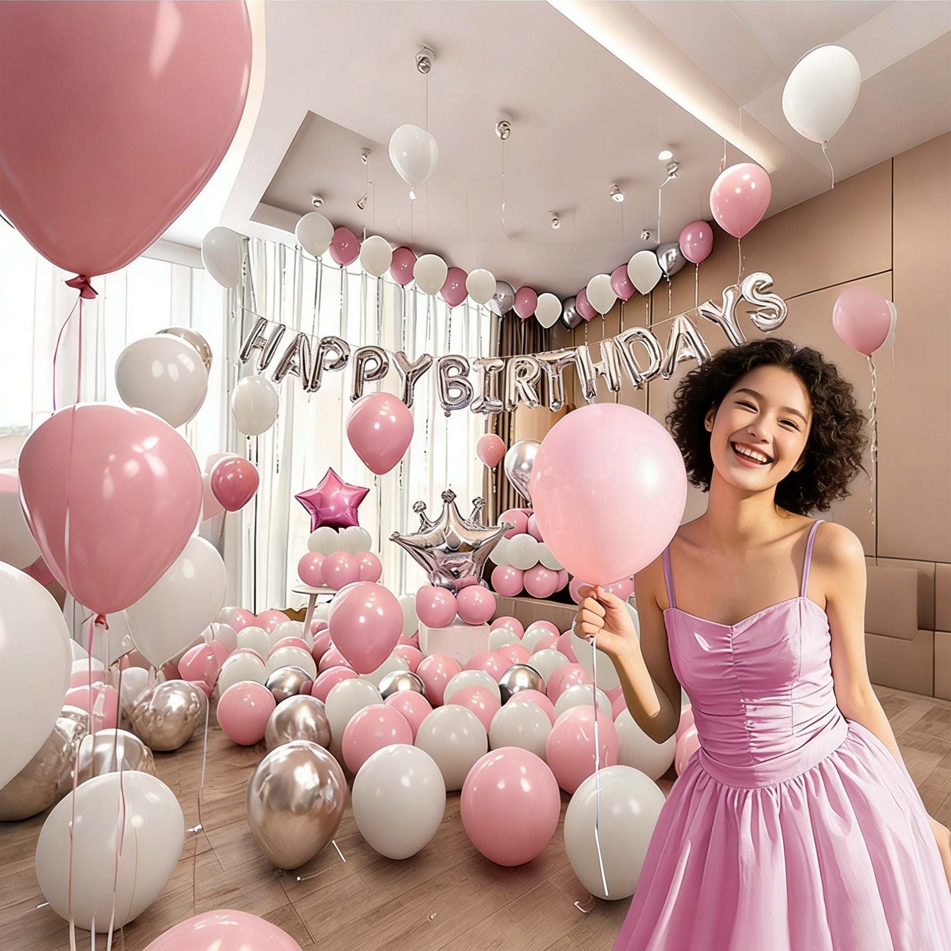55 pieces of pink, white, silver party balloon set Crown balloons are suitable for decorating wedding princess parties, birthday party balloon scenes.