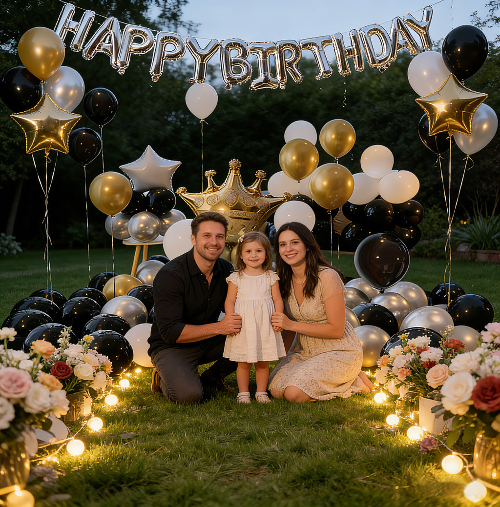97 pieces of black, gold, silver party balloon set with gold crown balloon decoration suitable for decorating wedding princess parties, birthday party balloon scenes.