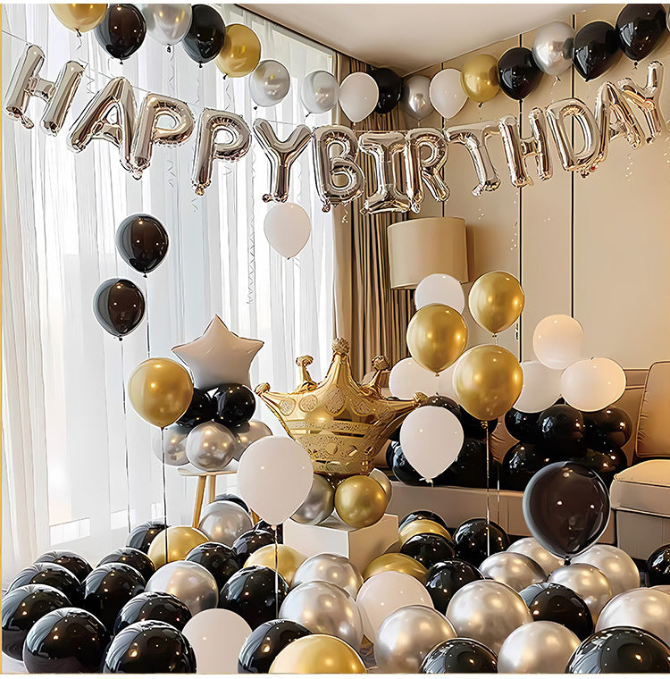 97 pieces of black, gold, silver party balloon set with gold crown balloon decoration suitable for decorating wedding princess parties, birthday party balloon scenes.