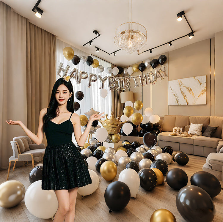 97 pieces of black, gold, silver party balloon set with gold crown balloon decoration suitable for decorating wedding princess parties, birthday party balloon scenes.