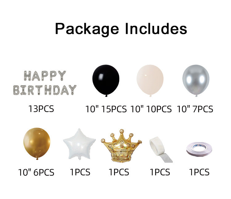97 pieces of black, gold, silver party balloon set with gold crown balloon decoration suitable for decorating wedding princess parties, birthday party balloon scenes.