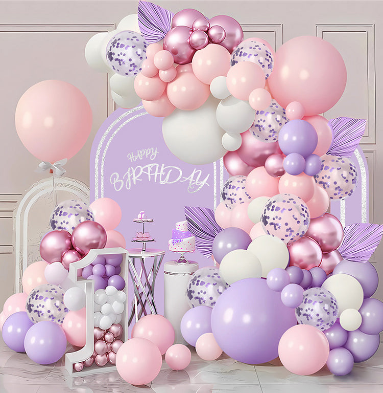 97 pieces of pink violet balloon birthday party set decorated with violet paper scraps and transparent balloons, suitable for wedding princess parties, girls' birthday decorations