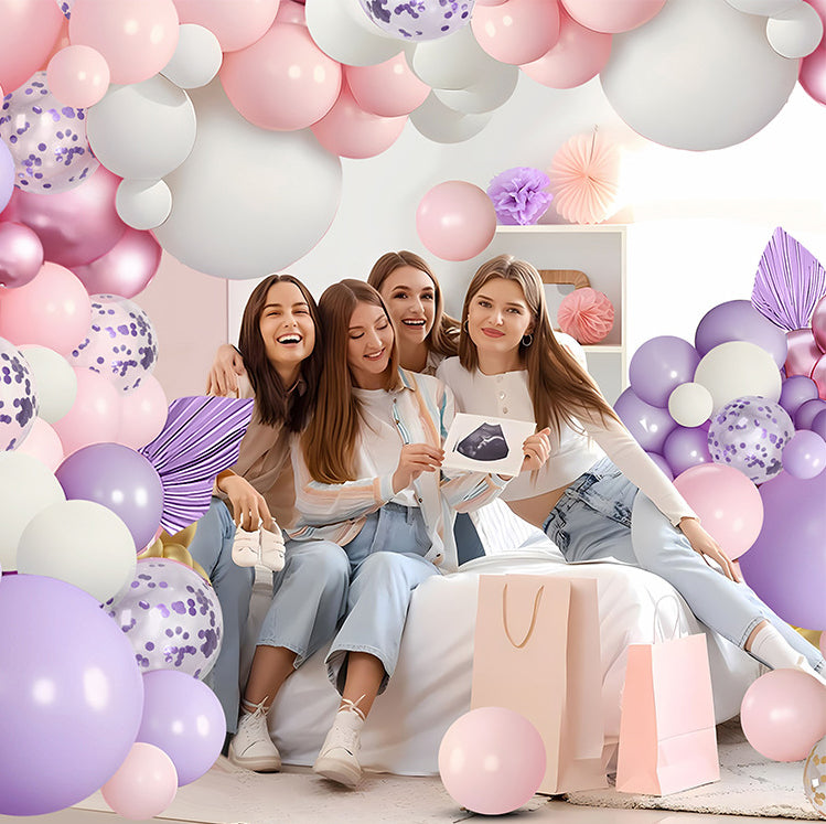 97 pieces of pink violet balloon birthday party set decorated with violet paper scraps and transparent balloons, suitable for wedding princess parties, girls' birthday decorations