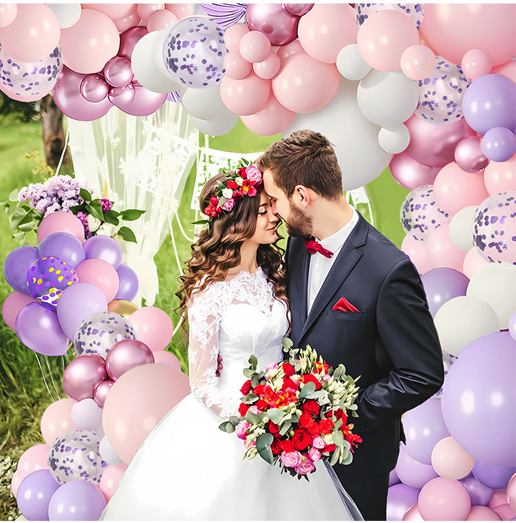 97 pieces of pink violet balloon birthday party set decorated with violet paper scraps and transparent balloons, suitable for wedding princess parties, girls' birthday decorations