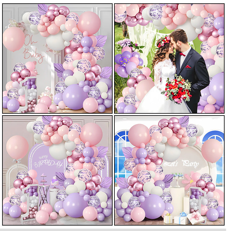 97 pieces of pink violet balloon birthday party set decorated with violet paper scraps and transparent balloons, suitable for wedding princess parties, girls' birthday decorations